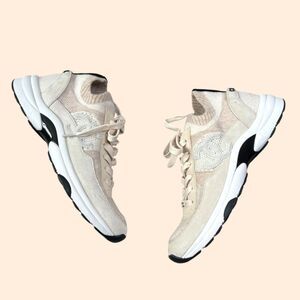 Chanel Knit Fabric Suede CC Sneakers